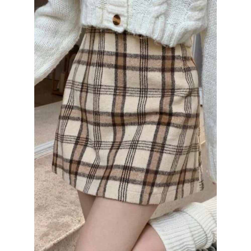Schoolgirl Brown Plaid Preppy Mini Skirt High Waisted A-Line Lined sz L